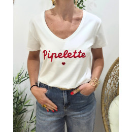 T-Shirt femme blanc broderie pipelette rouge