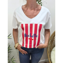 T-Shirt femme blanc bichette rayures roses