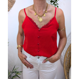 Top femme rouge à bretelles décolleté dentelle et boutons