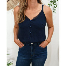 Top femme bleu marine à bretelles décolleté dentelle et boutons