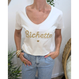 T-Shirt femme blanc broderie bichette doré
