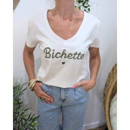 T-Shirt femme blanc broderie bichette kaki