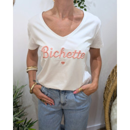 T-Shirt femme blanc broderie bichette rose poudré
