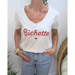T-Shirt femme blanc broderie bichette rouge