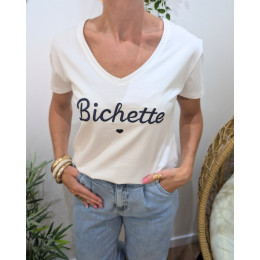 T-Shirt femme blanc broderie bichette marine