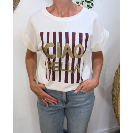 T-Shirt femme écru ciao bella doré rayures bordeaux