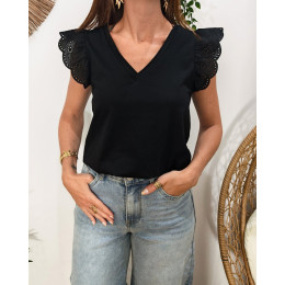 T-shirt femme uni noir manche volante brodée Iryna