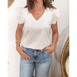 T-shirt femme uni blanc manche volante brodée Iryna