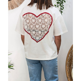 T-shirt femme blanc coeur rouge dentelle dos Ivanna