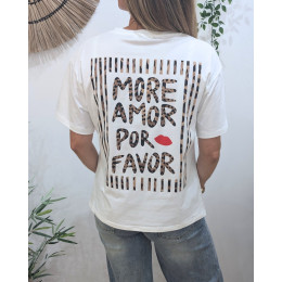 T-shirt femme blanc léopard more amor por favor rayé