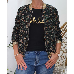 Bombers femme noir feuillage fin et petites fleurs beiges