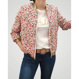 Bombers femme blanc petites fleurs rouges cerises et vertes