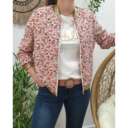 Bombers femme grande taille blanc petites fleurs rouges cerises et vertes