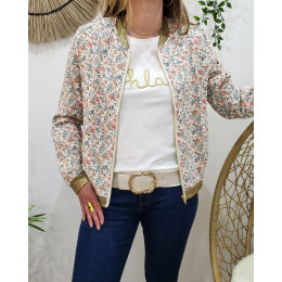 Bombers beige à fleurs corail et bleues