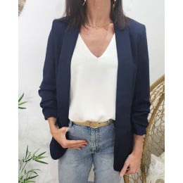 Blazer femme manches plissées bleu marine