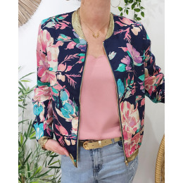 Bombers femme bleu marine fleurs roses et vertes Blandine