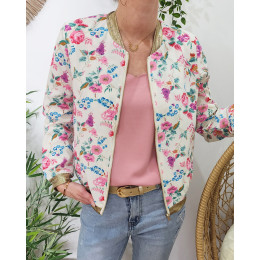 Bombers femme écru fleurs fuchsia bleues et vertes Florine