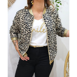 Bombers femme beige léopard noir liseré brillant