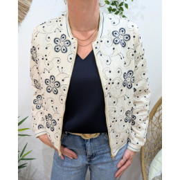 Bombers femme beige fleurs brodées marine Nessa