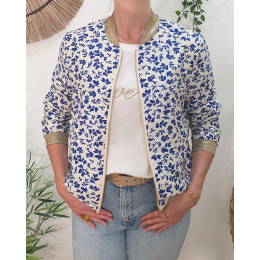 Bombers femme écru fleurs bleu électrique Harmonie