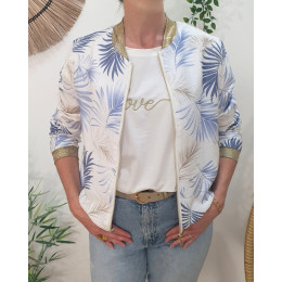 Bombers femme écru feuillages bleus et beiges Ombelline