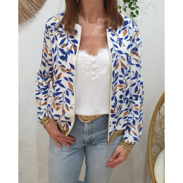 Bombers femme blanc feuilles bleu roi et marron