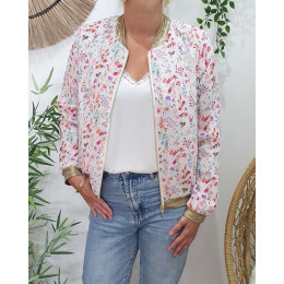 Bombers femme écru fleurs roses mauves vertes Mélinaé