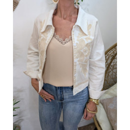 Veste femme écrue broderies beiges Ilyana