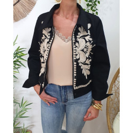 Veste femme noire broderies beiges Ilyana