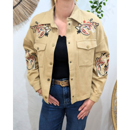 Veste coton femme camel broderies fleuries terracotta noires beiges
