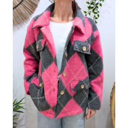 Veste épaisse femme losanges rose et gris