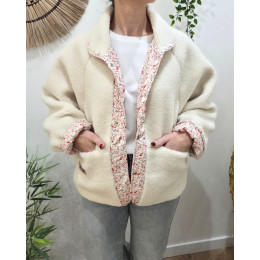 Veste femme à pressions imitation mouton réversible - écru floral