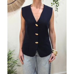 Veste sans manches femme marine boutons dorés Elio