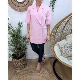 Blazer long femme manches courtes avec fentes sur les côtés rose 