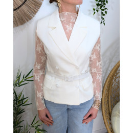Blazer court femme sans manches avec ceinture blanc