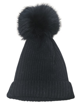 Bonnet femme uni à pompon-Noir