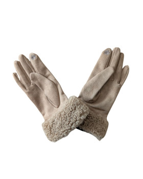 Gants suédine bordure bouclettes-Camel