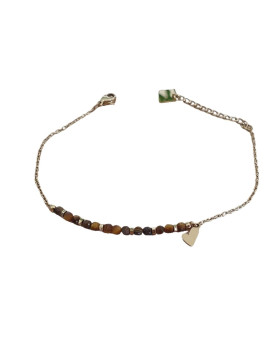 Bracelet acier doré perles et petits coeurs -Marron