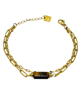 Bracelet acier doré 2 rangs maillons et pierre rectangulaires-Marron