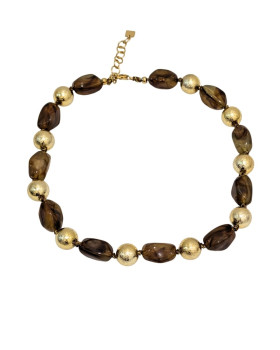 Collier femme acier inoxydable résine camel et billes dorées