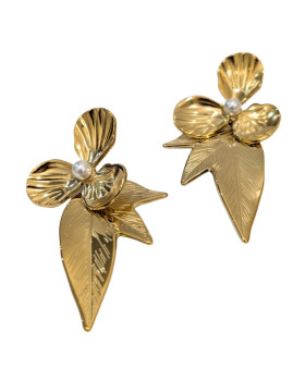 Boucles d'oreilles femme acier doré fleur et perle
