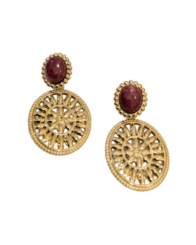 Boucles d'oreilles femme acier puce bordeaux ovale doré à motifs