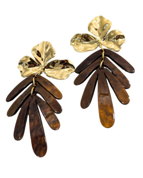 Boucles d'oreilles femme acier doré feuilles en résine marron
