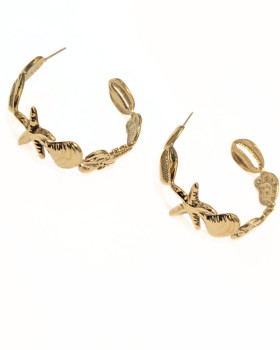 Boucles d'oreilles femme anneaux acier doré coquillages