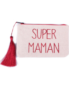 Petite pochette 11 X 17 cm beige pailletée Super Maman rouge et pompon