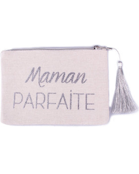 Pochette beige pailletée 15.5 X 21.5 cm Maman Parfaite argent et pompon