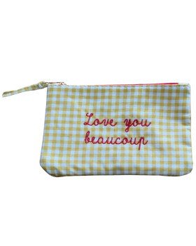 Petite pochette coton à carreaux Love you beaucoup jaune et rouge