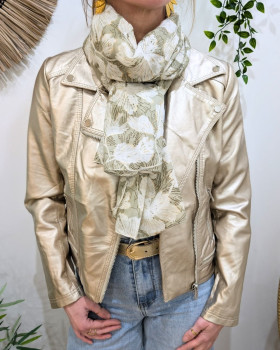 Foulard femme fleurs et dorures Céphise-Kaki clair