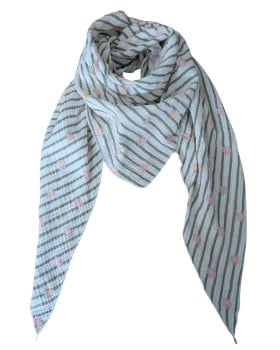 Foulard femme pointe rayures et fleurs-Kaki clair