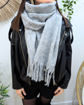 Grosse écharpe femme laine chinée à franges Aminta-Gris